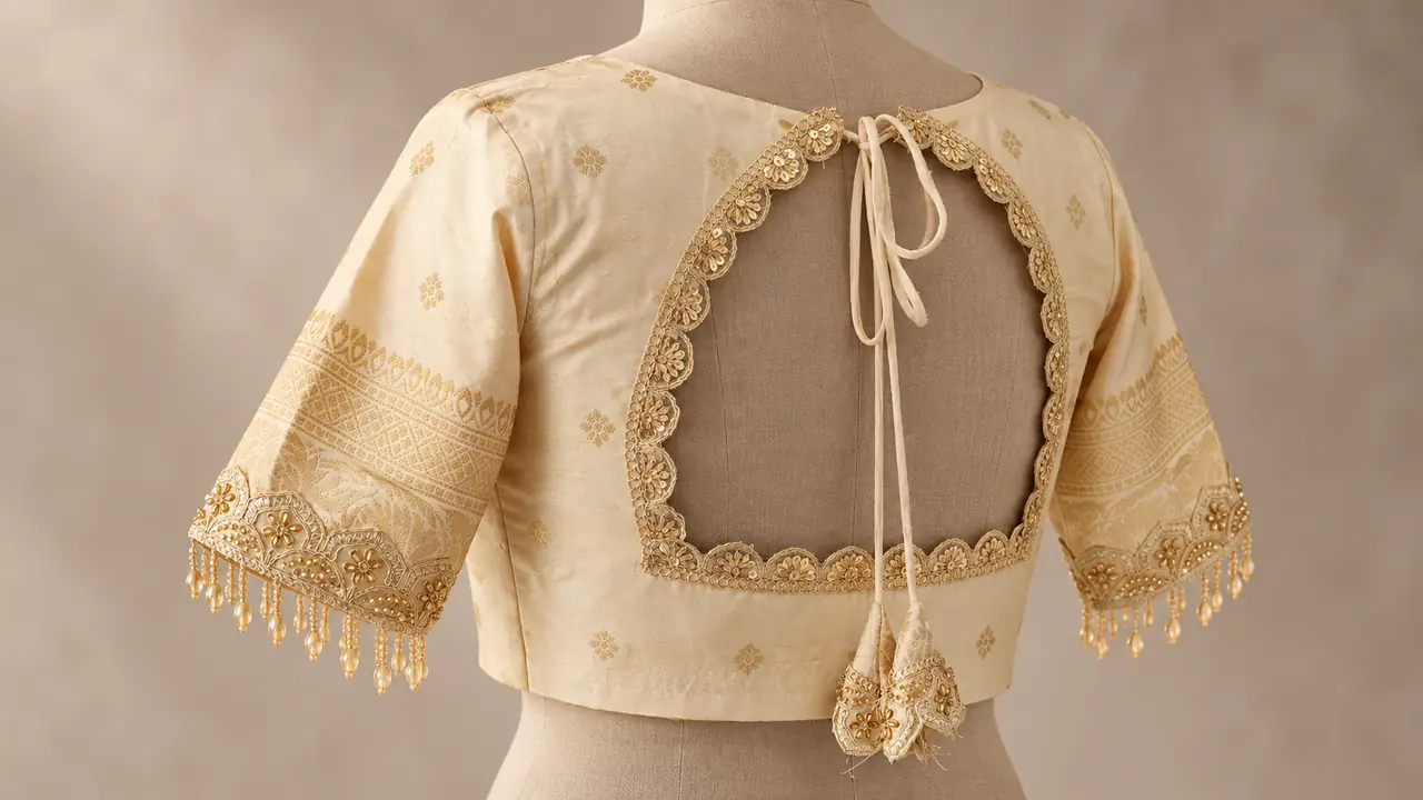 Ivory and gold designer blouse by SACH Couture, featuring a decorative back neckline and beaded sleeves