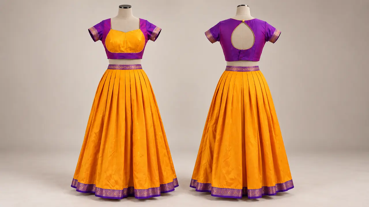 Front and back views of a golden-yellow and purple festive ensemble by SACH Couture