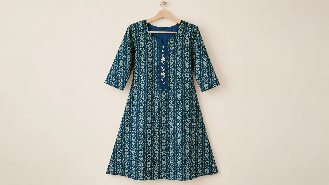 Deep-blue botanical-print kurti with three-quarter sleeves and delicate floral front detailing