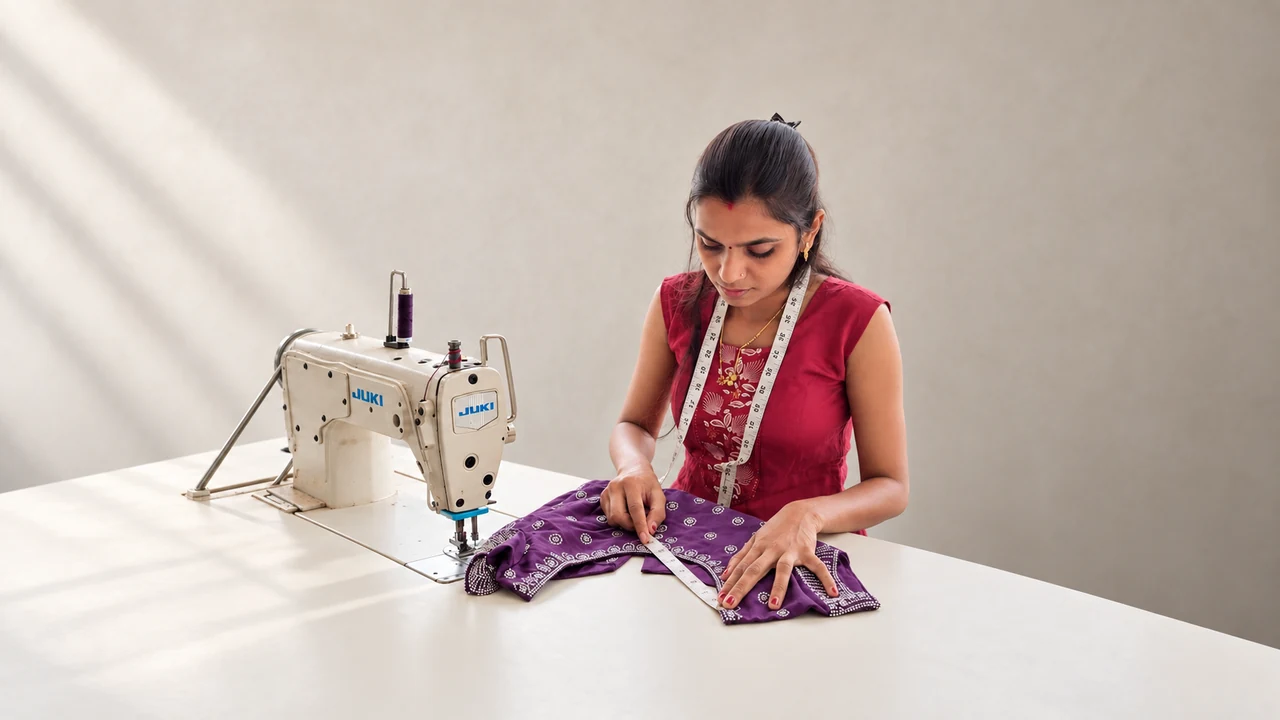 Our master tailor is checking measurements of a purple embellished blouse beside her sewing machine at SACH Couture.