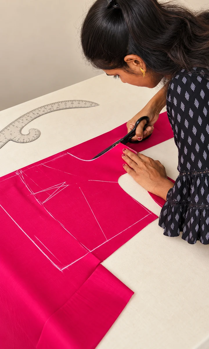 Pranali cutting pink garment fabric along chalk markings with tailor’s shears at SACH Couture.