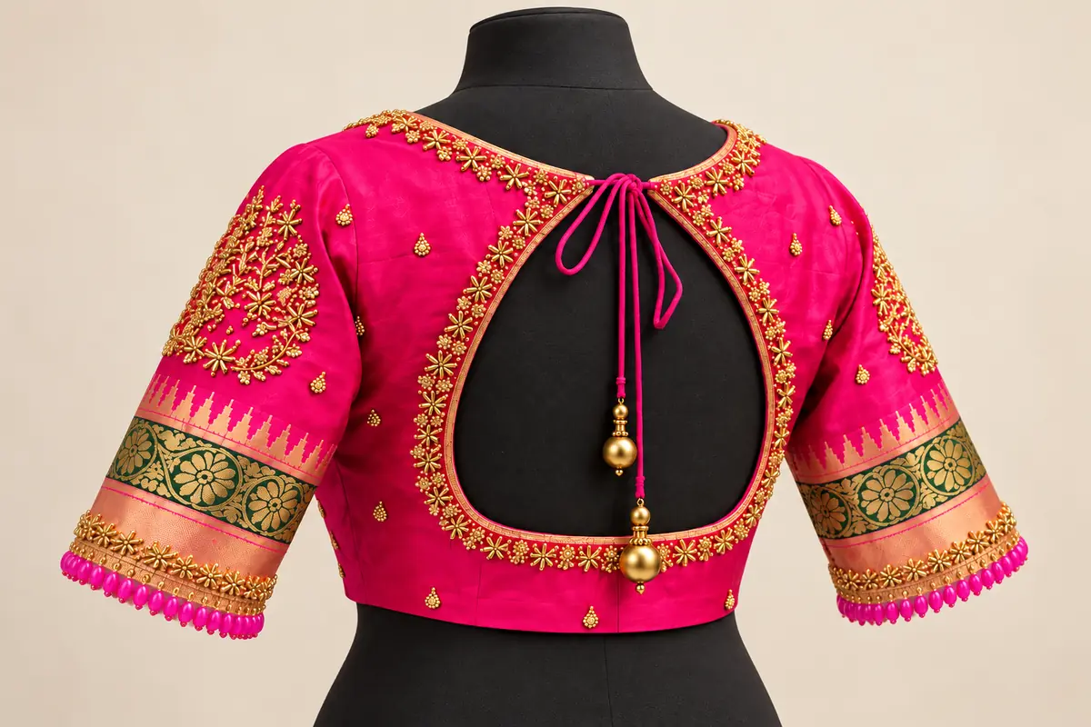 Fuchsia blouse with gold hand embroidery, a teardrop back opening, gold tassels and green-and-gold sleeve borders, by SACH Couture.