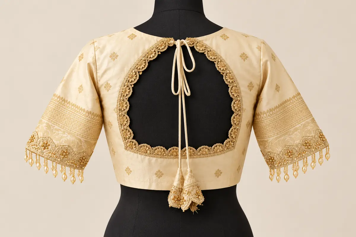 Cream-and-gold blouse with a scalloped back neckline, embellished tassel ties and beaded sleeve fringes, by SACH Couture.