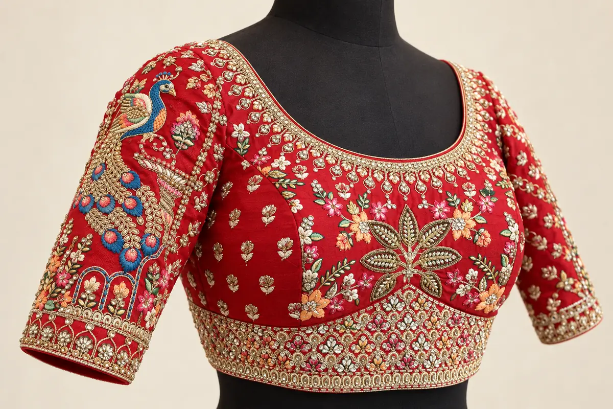 Red bridal blouse with blue peacock sleeve embroidery, colourful floral motifs and intricate gold embellishments, by SACH Couture.