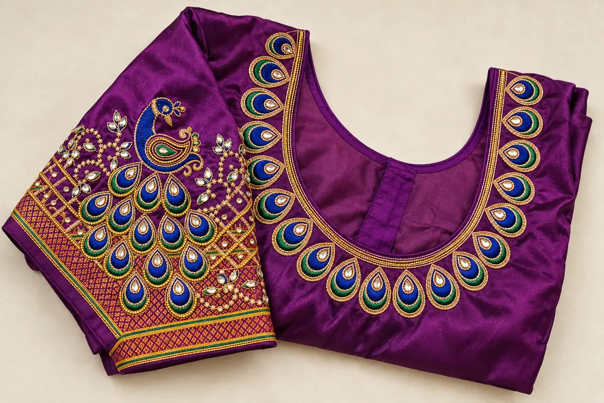 Purple blouse with blue-and-green peacock sleeve embroidery, gold detailing and a peacock-feather neckline embellished with stones, by SACH Couture.