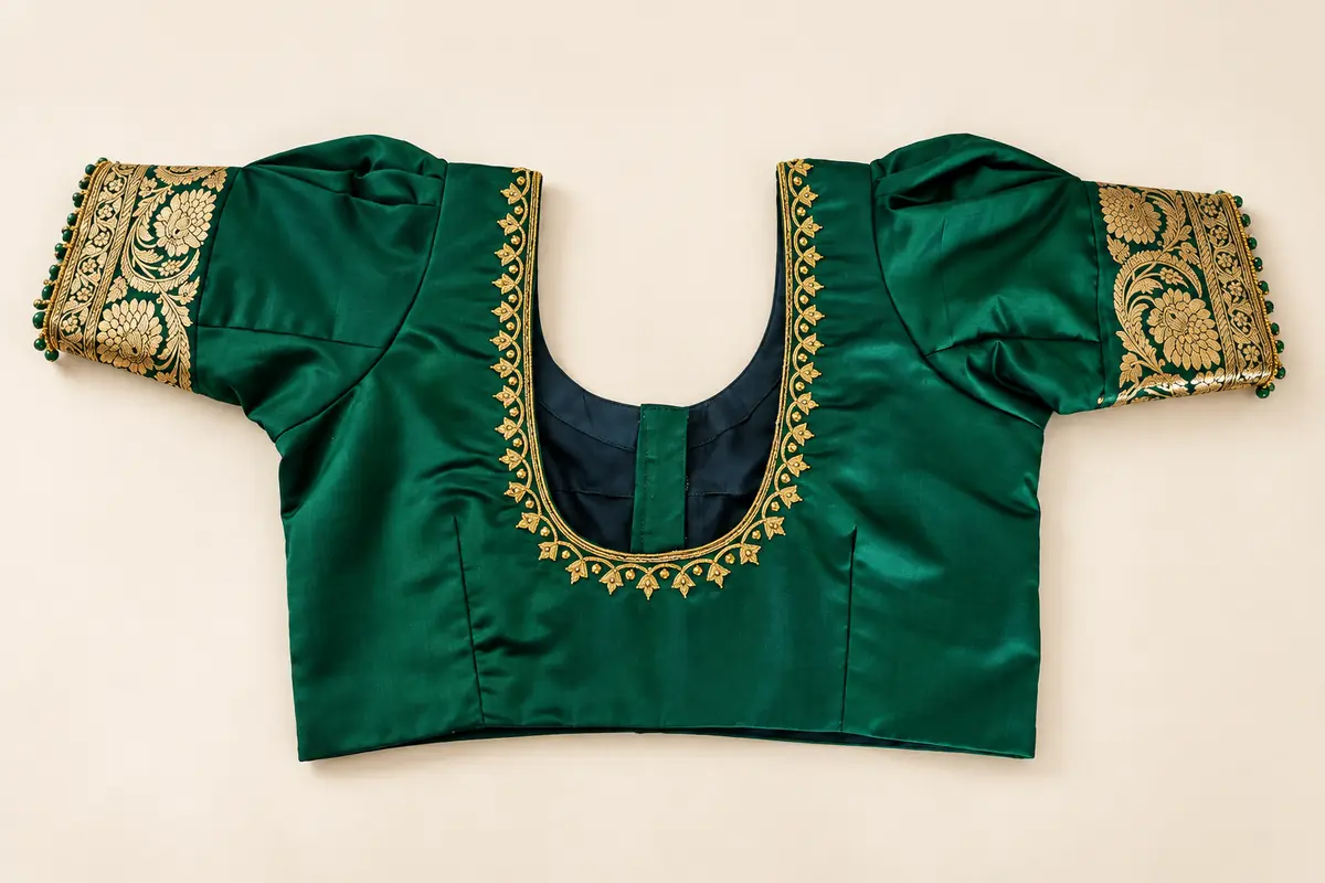 Emerald-green satin blouse with a gold-trimmed U-shaped neckline, pleated sleeves and gold floral brocade cuffs with green bead edging, by SACH Couture.