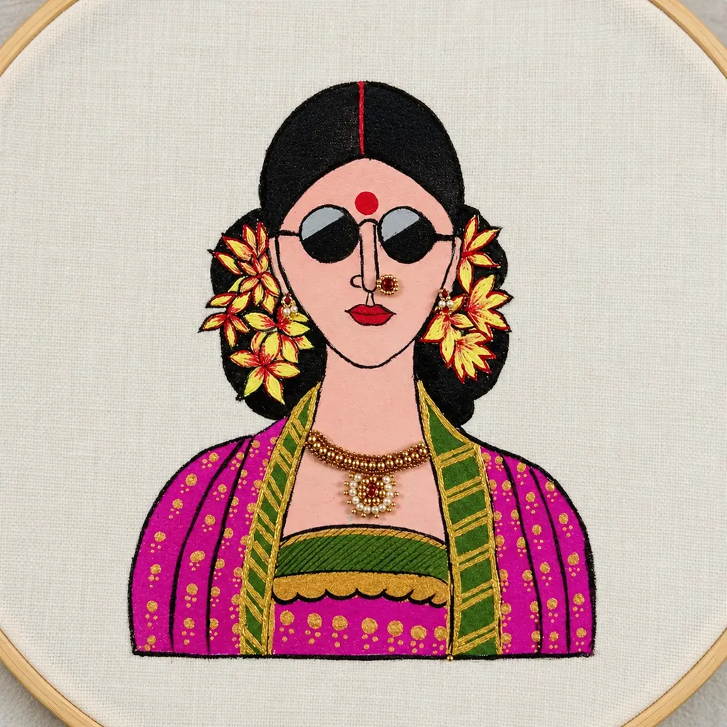 Hand-painted woman on canvas with Aari embroidery and embellished jewellery, created by SACH Couture.