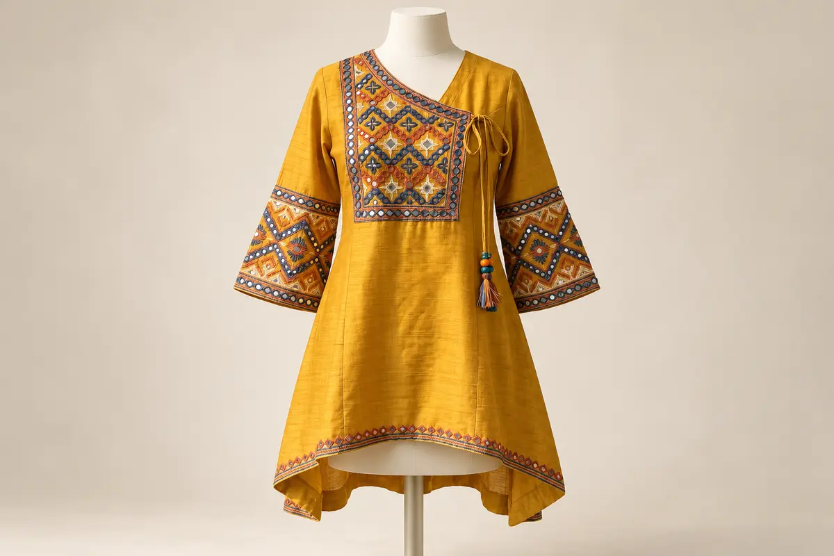Mustard-yellow kurti with a geometric embroidered neckline panel, flared sleeves, an asymmetric hem and beaded tassel ties.