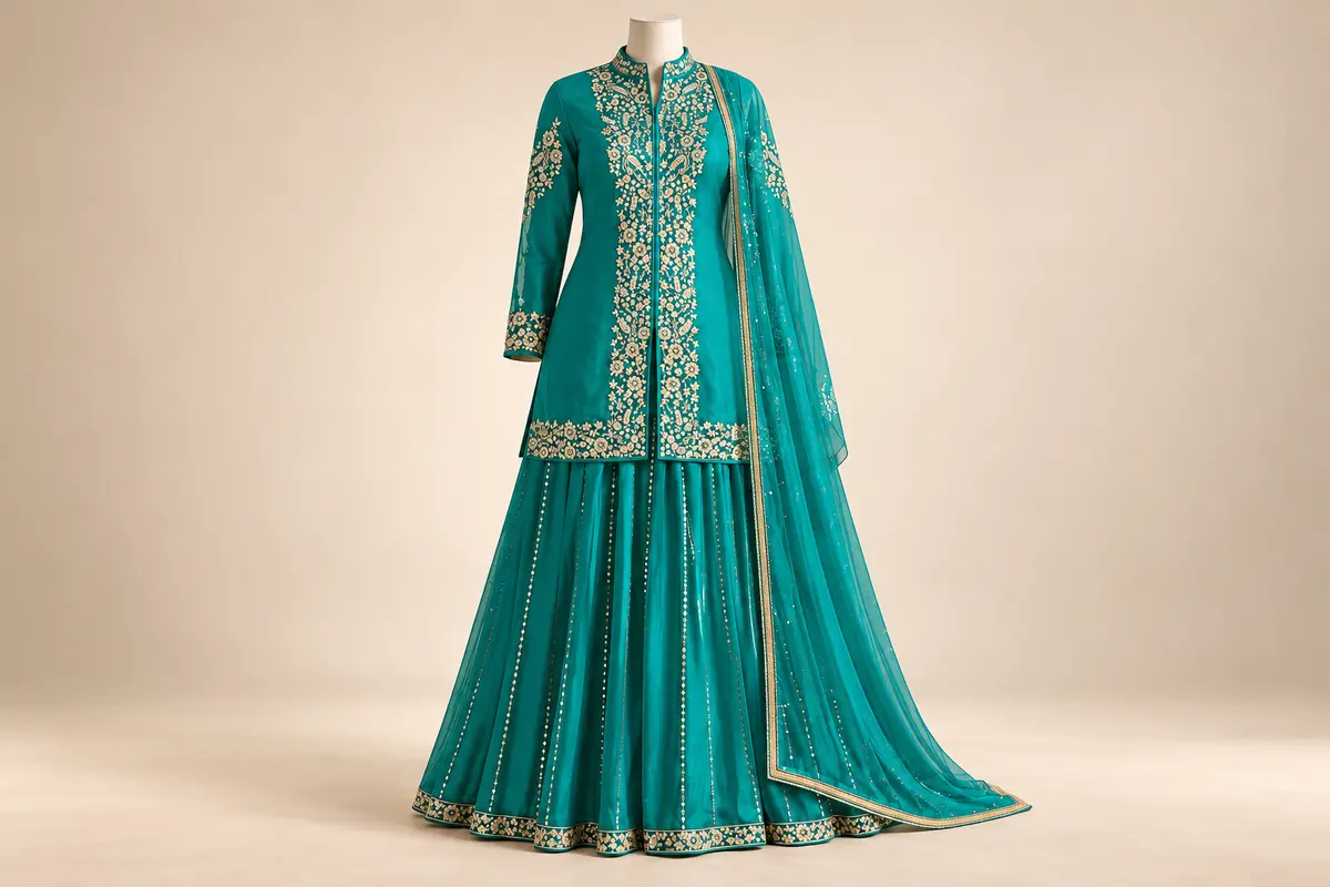 Teal lehenga ensemble with a gold floral embroidered long jacket, pleated skirt and matching sheer dupatta.