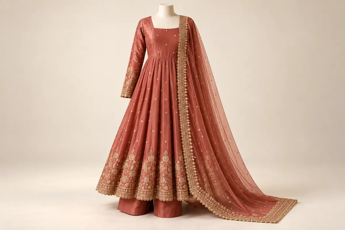 Terracotta-rose Anarkali set with gold embroidered borders, matching trousers and a sheer embroidered dupatta on an ivory mannequin.