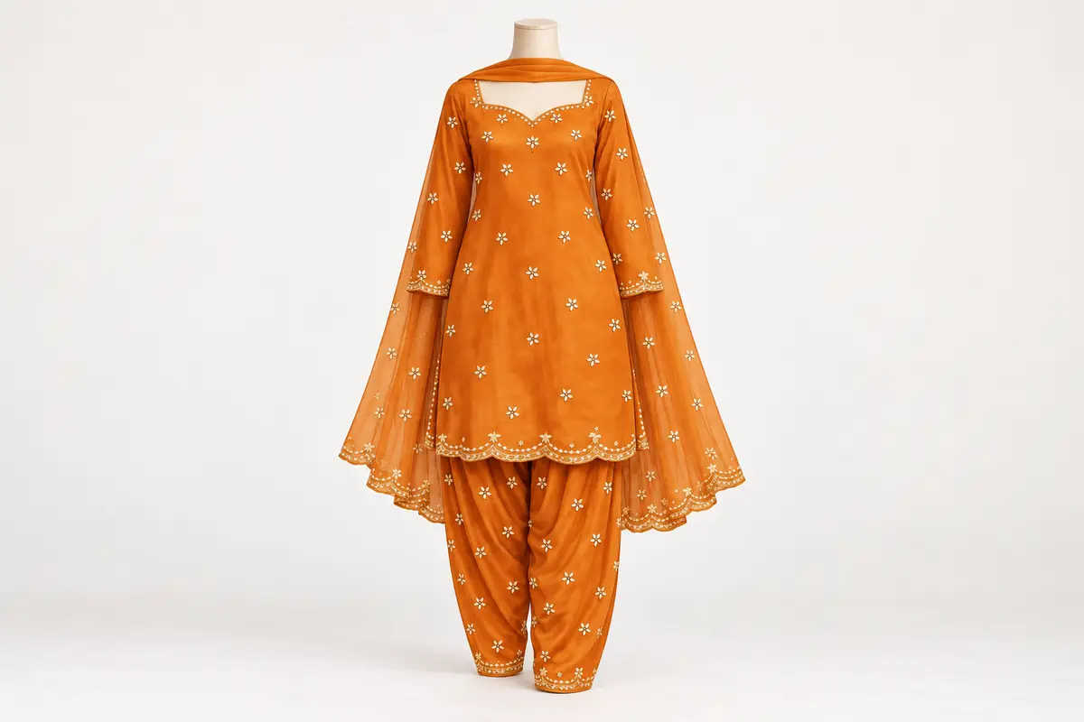 Design visualisation of an orange Punjabi suit with floral embellishments, a sweetheart neckline, matching salwar and scalloped dupatta.