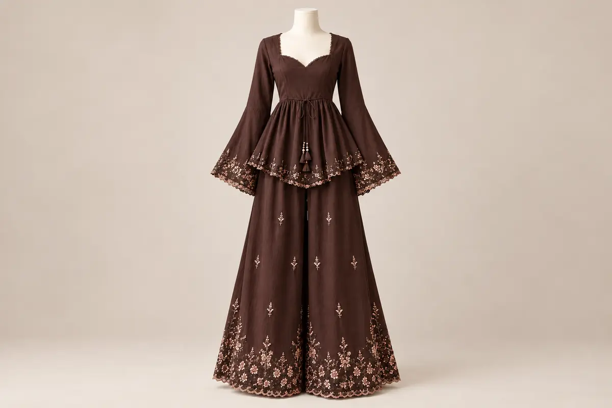 Chocolate-brown palazzo set with a sweetheart-neck peplum top, bell sleeves and delicate floral embroidery.