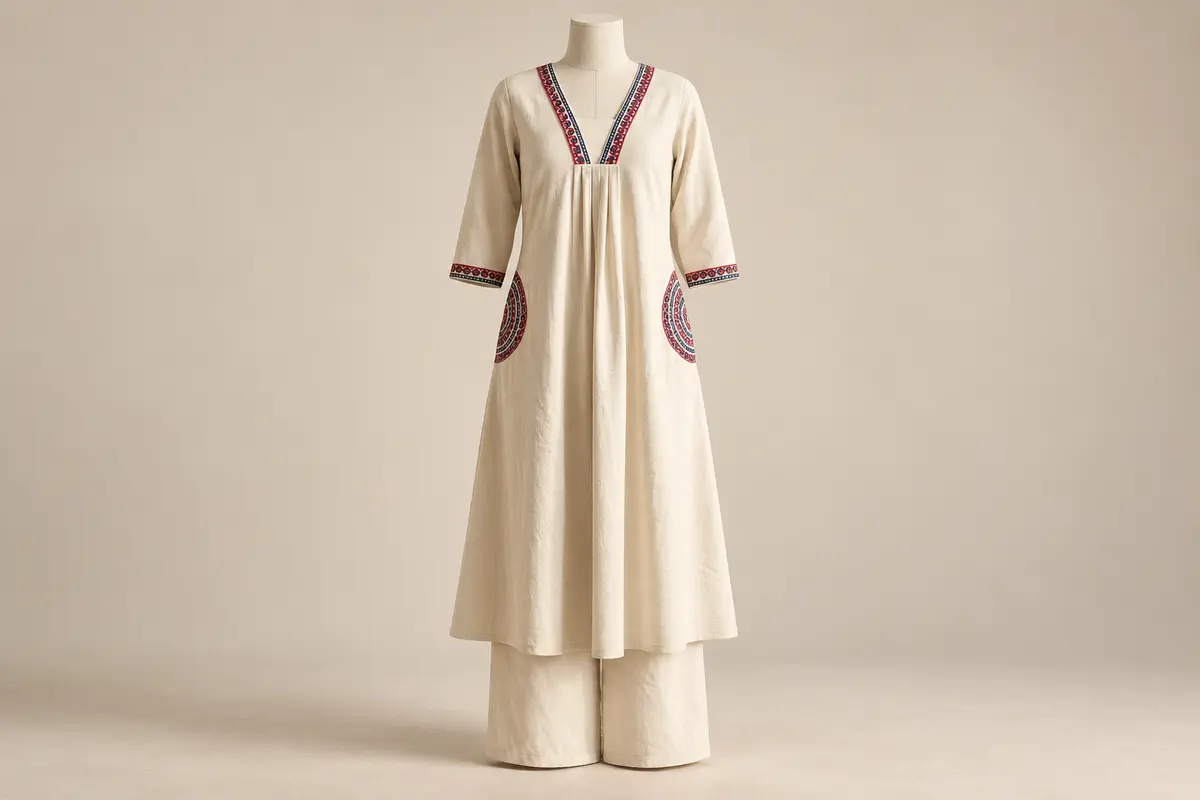 Ivory kurti set with red-and-navy patterned neckline, cuffs and curved pocket borders, paired with matching wide-leg trousers.