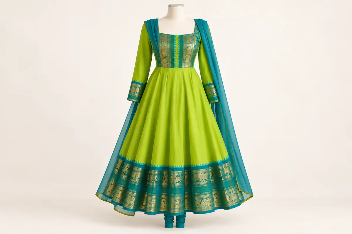 Lime-green Anarkali set with a teal-and-gold brocade bodice and borders, paired with a sheer teal dupatta and matching churidar.