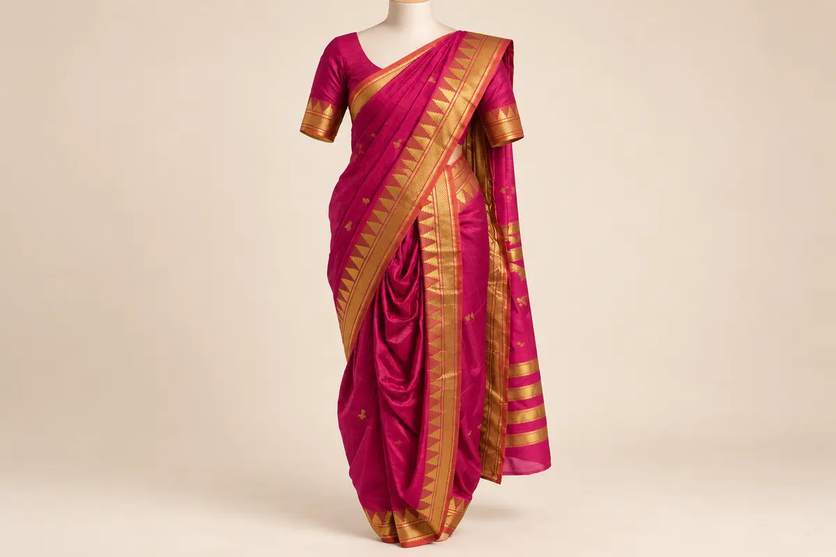 Magenta Nauvari saree with gold temple-pattern borders, traditional gathered draping and a matching gold-trimmed blouse.