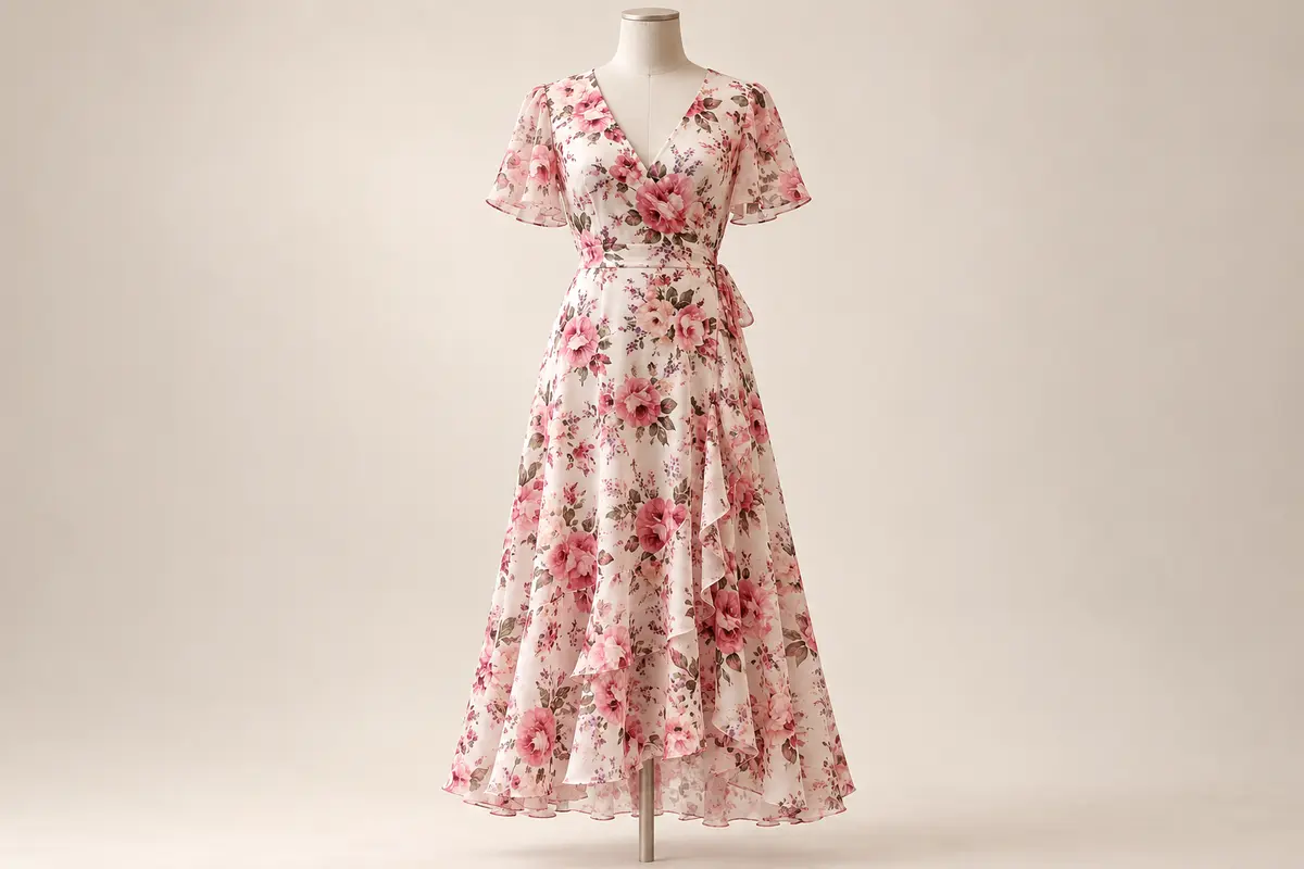 Ivory wrap dress with pink floral print, a V-neckline, flutter sleeves, a side waist tie and a flowing ruffled skirt.