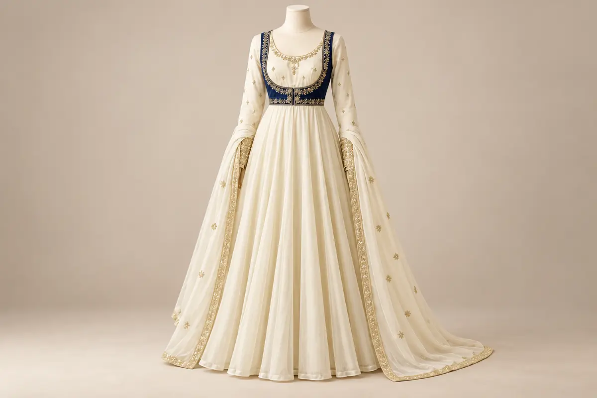 Ivory floor-length Anarkali with a navy-and-gold embroidered bodice overlay, long sleeves and a matching gold-bordered sheer dupatta.