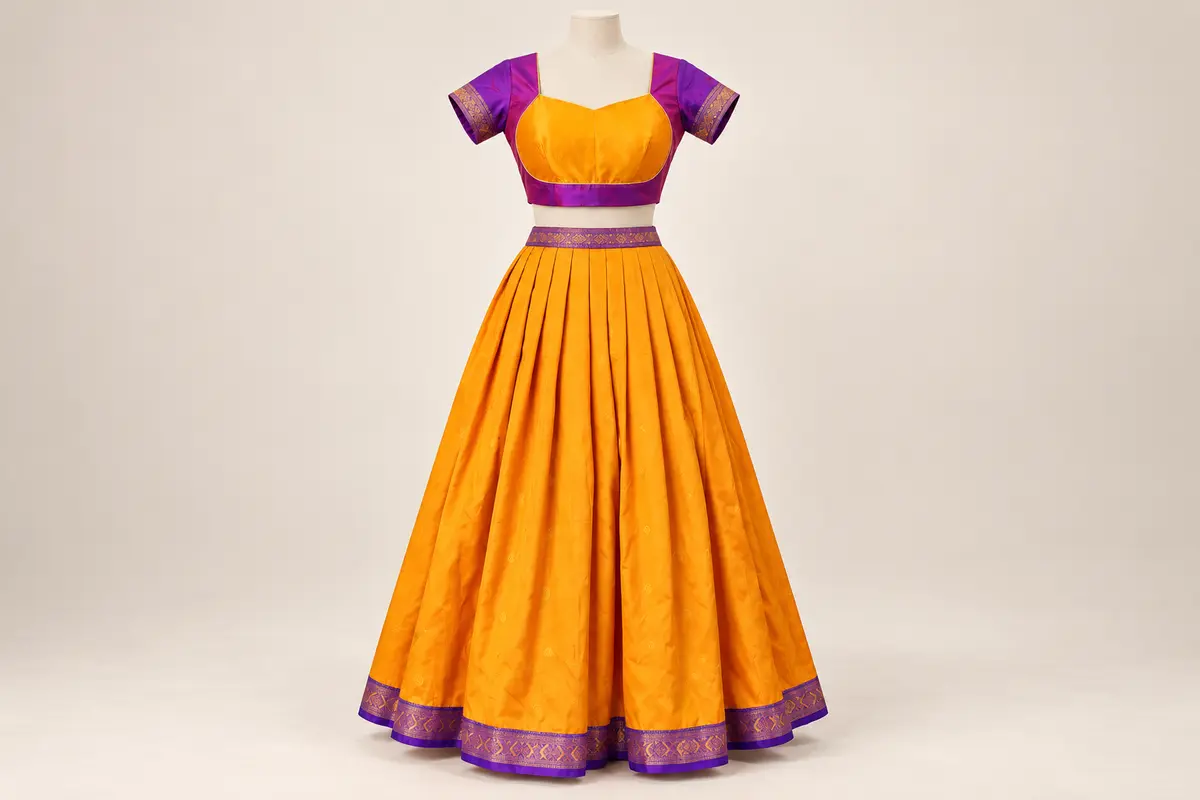 Marigold-yellow pleated skirt with purple-and-gold borders, paired with a matching yellow-and-purple blouse, by SACH Couture.