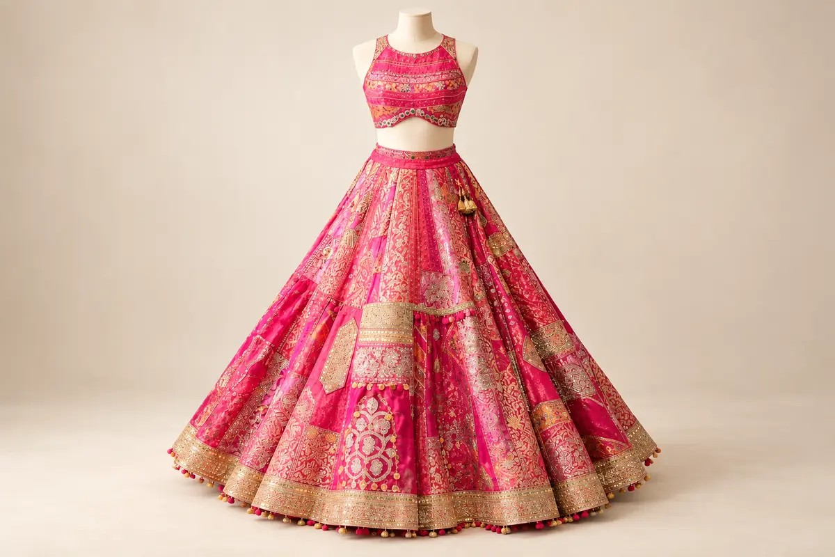Fuchsia lehenga with ornate gold patchwork-style panels, tassel detailing and a matching sleeveless embellished blouse.