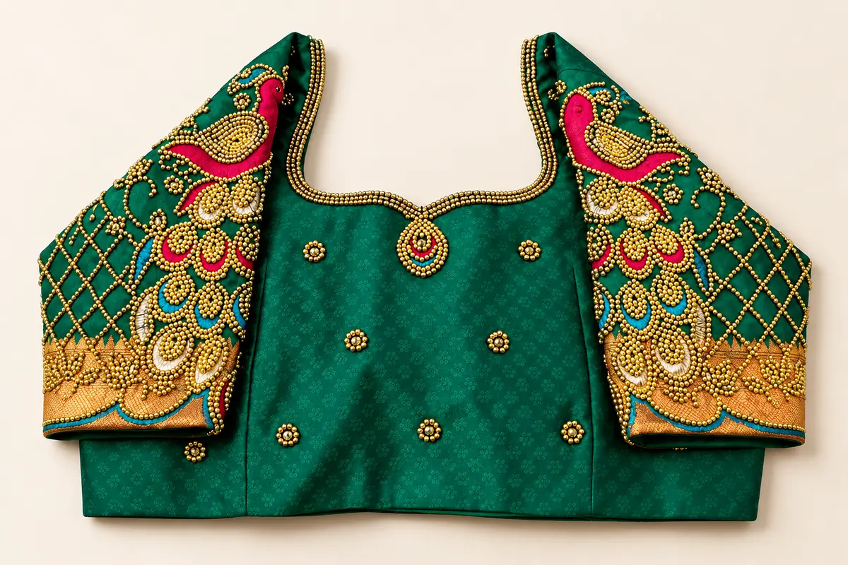 Emerald-green blouse with pink-and-gold peacock motifs, beaded sleeve latticework and an embellished neckline, by SACH Couture.