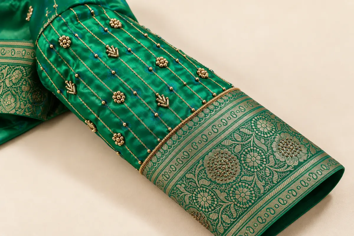 Close-up of an emerald-green blouse sleeve with gold chain embroidery, floral beadwork and an ornate gold brocade cuff, by SACH Couture.