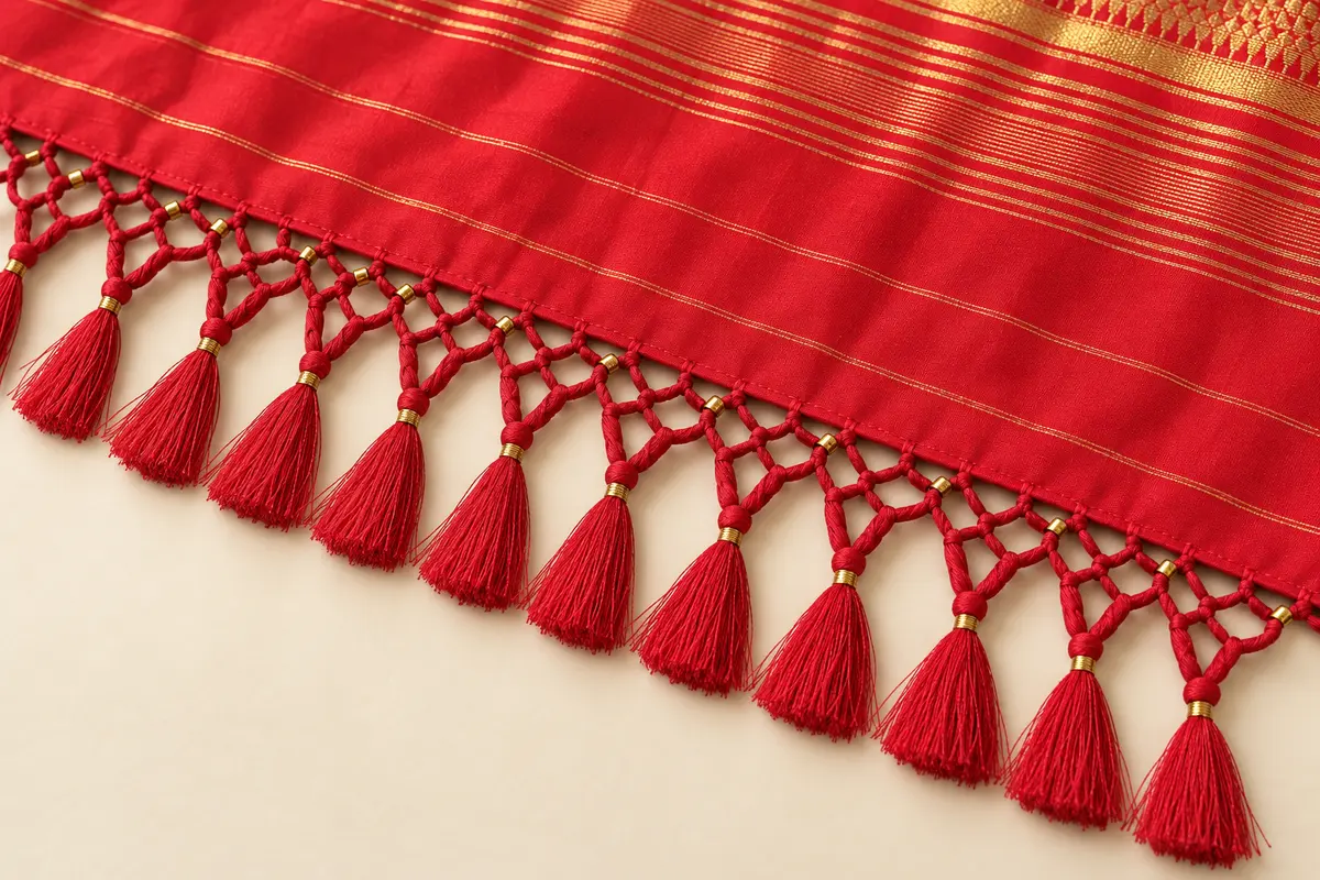 Red saree border with hand-knotted diamond loops, gold bead accents and matching thread tassels, by SACH Couture.