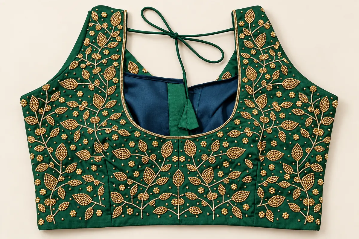 Emerald-green blouse with intricate gold beadwork forming leafy vines and small flowers around a U-shaped back neckline, by SACH Couture.