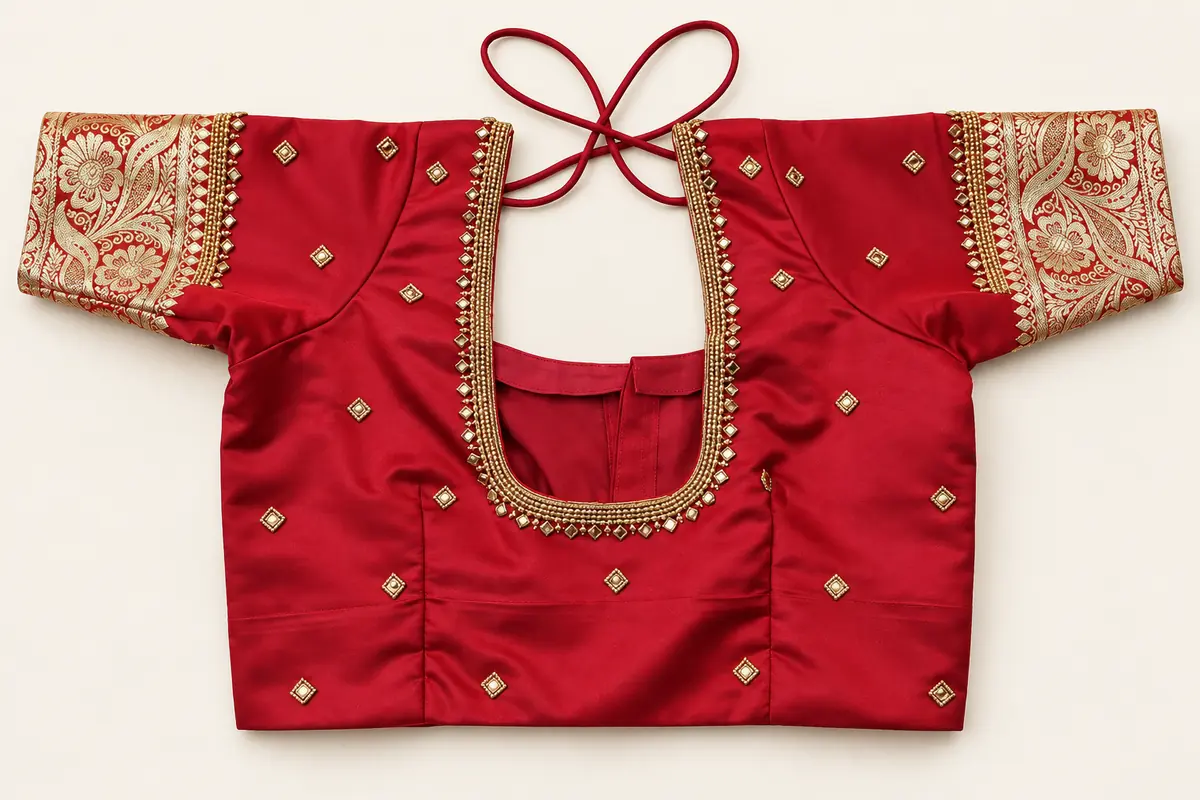 Red satin blouse with gold diamond motifs, an embellished U-shaped neckline and gold paisley brocade cuffs, by SACH Couture.