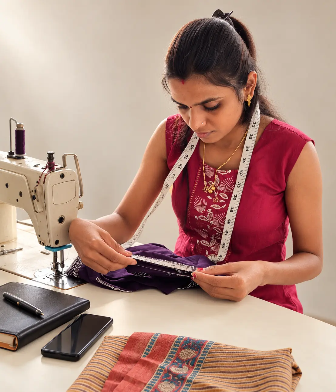 Pranali checking a garment’s measurements at her SACH Couture worktable in Pune.